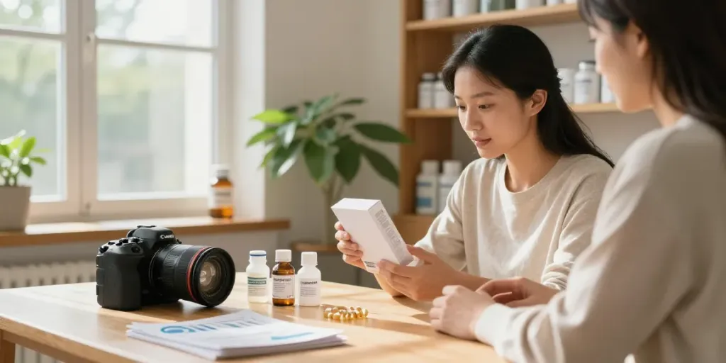 Health-conscious individual buying ivermectin online in a cozy pharmacy setting.