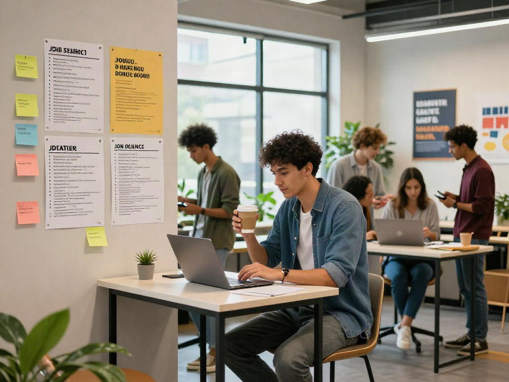 Engaging job search scene showing professionals หางาน in a vibrant co-working space