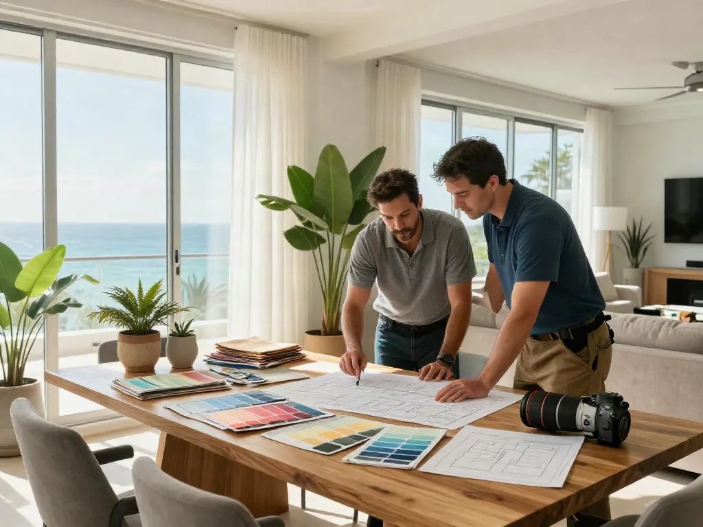 Home renovation Miami: Collaborative design discussion with contractor and homeowner in a bright living room.