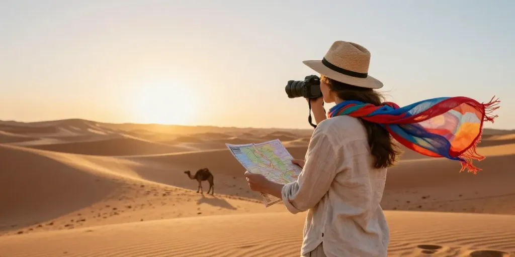 Traveler on a private Morocco tour taking pictures at the Dunes of Merzouga during sunset.