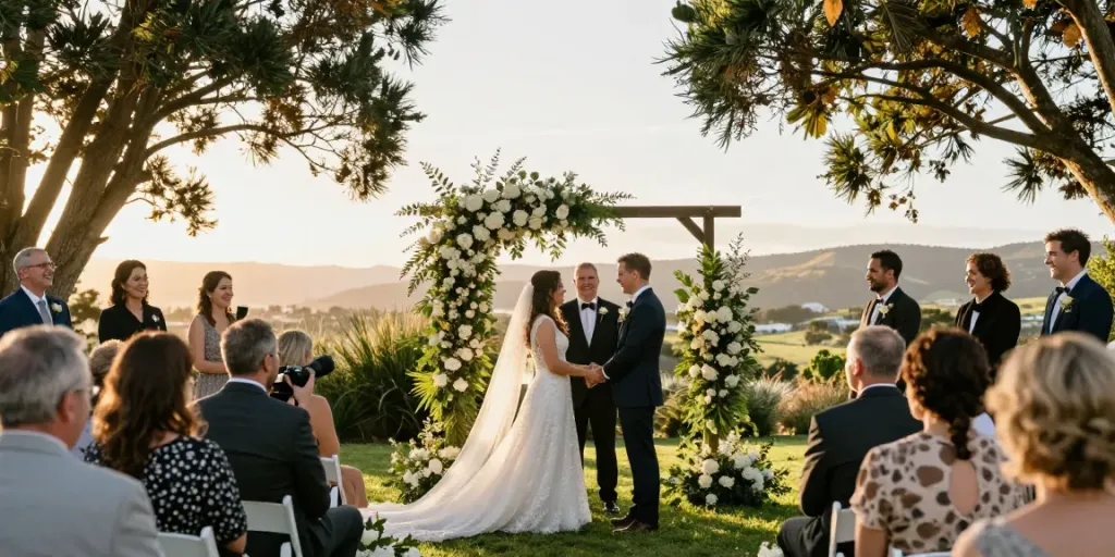 Dunedin wedding photographer capturing a couple's sunset vows surrounded by family and nature.