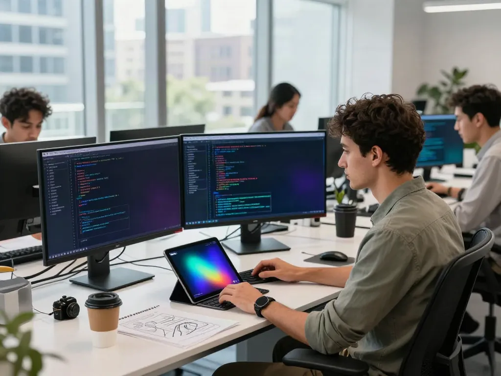 Kinetiq collaboration in a high-tech workspace, developers designing a liquid staking protocol.