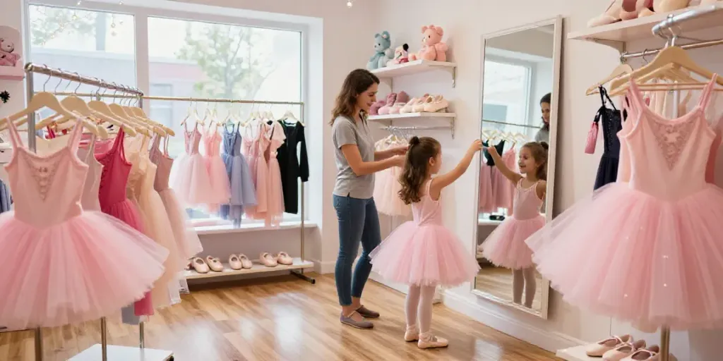 Colorful tutus displayed in a vibrant tutu store with children trying them on.