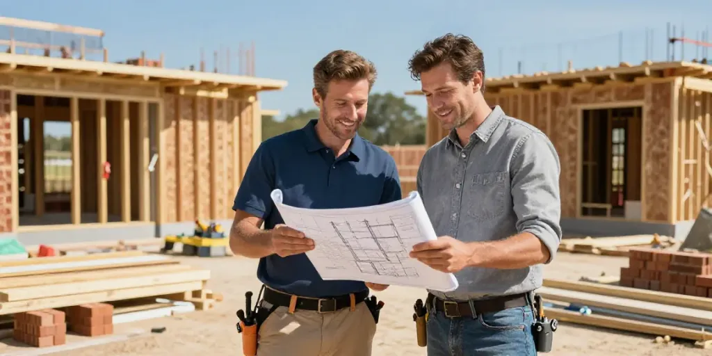 Construction collaboration scene at https://patco.com showing contractor and homeowner discussing plans.