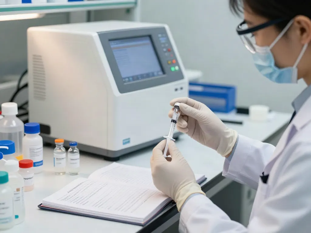 Scientist reconstituting tesamorelin peptide in a sterile lab environment.
