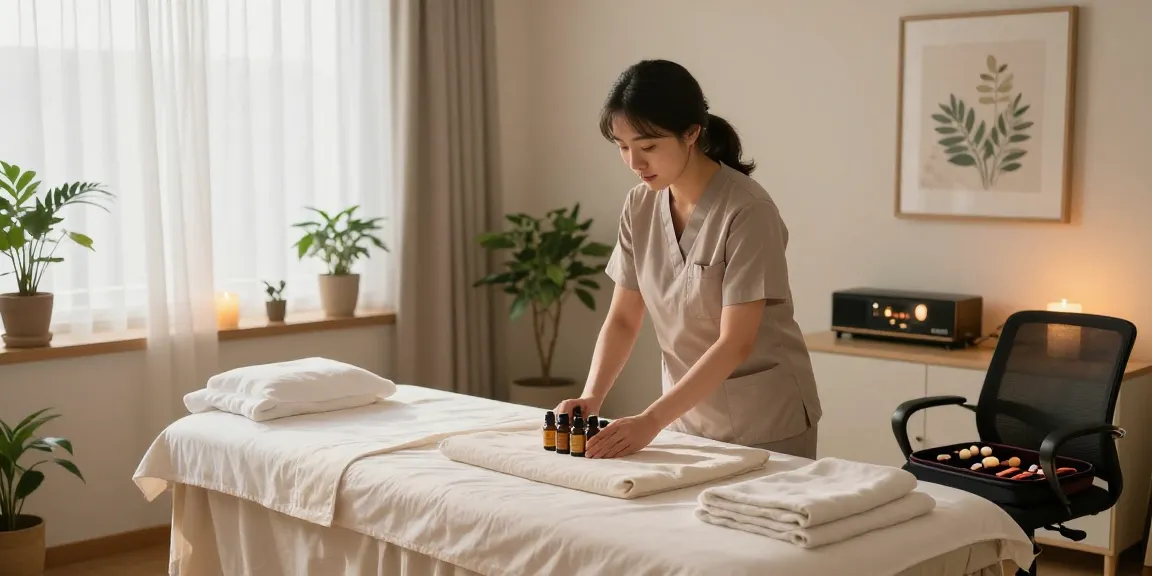 Relaxing home massage studio scene for 강북출장안마 service with therapist prepared for clients.