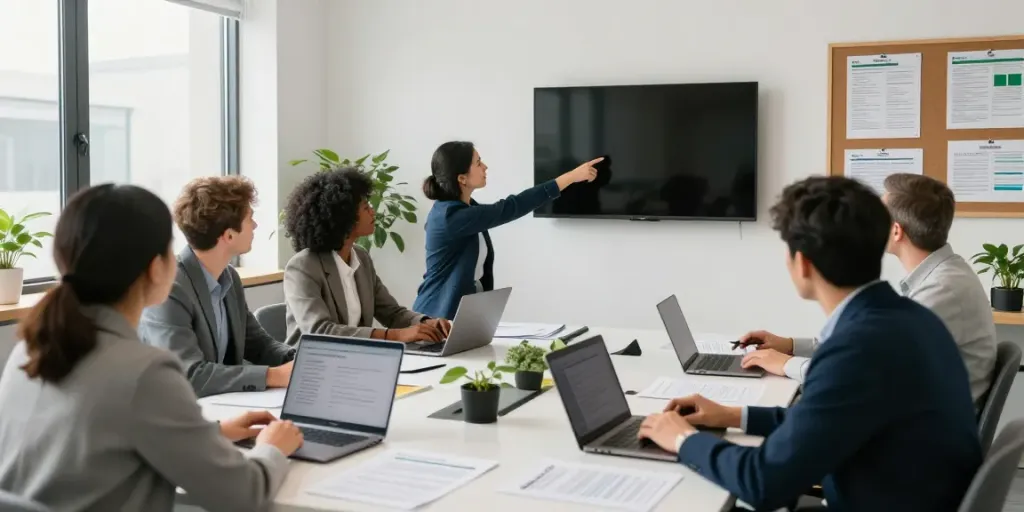 Team collaborating on an Irish company search in a bright, modern office space.
