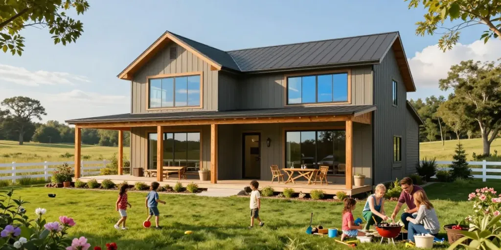 BM2500 barndominium design with family enjoying the outdoors in a scenic rural setting
