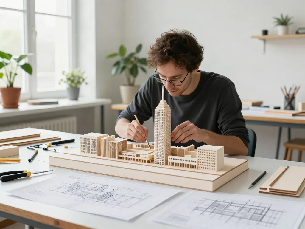 Architektur Modellbau Berlin: Modellbauer arbeitet an einem präzisen Stadtmodell im hellen Atelier.