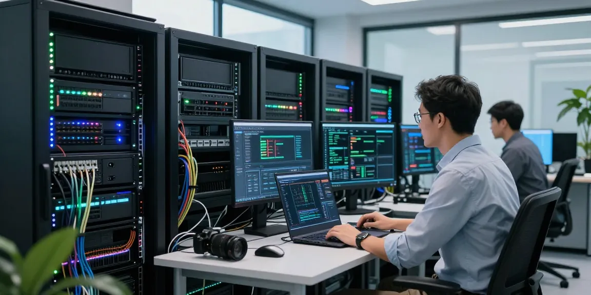 Gambaran profesional IT yang menggunakan hypervisor di ruang server modern dengan pencahayaan LED.