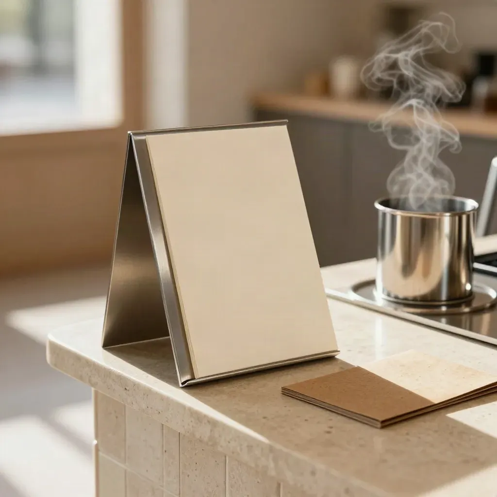 Café counter macro with a sign prototype, face-down menu cards, takeaway sleeve, and drifting steam.