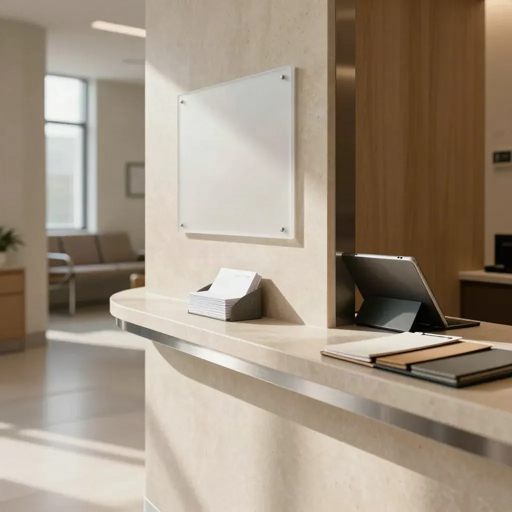 Clinic reception ledge with frosted plaque mockup, blank cards, and turned tablet in soft light.