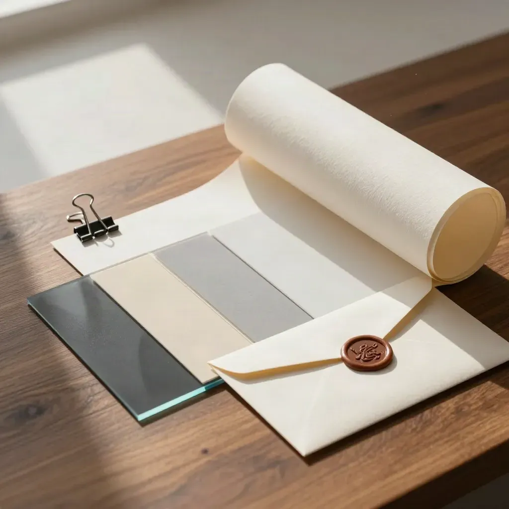 Logo proof sheets curl beside acrylic swatches and a sealed envelope on a warm studio bench.