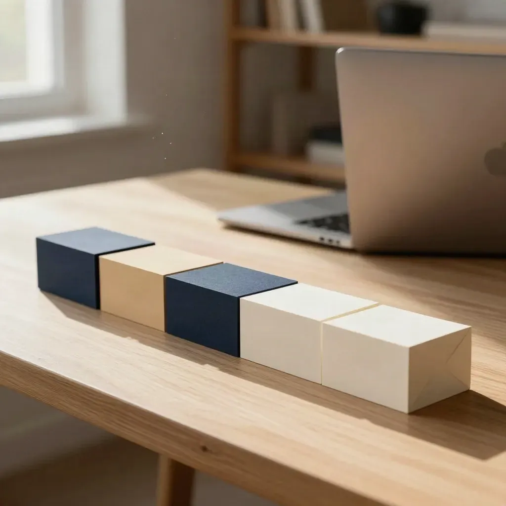 Designer desk with modular paper page blocks, keyboard, and turned-away laptop in warm window light