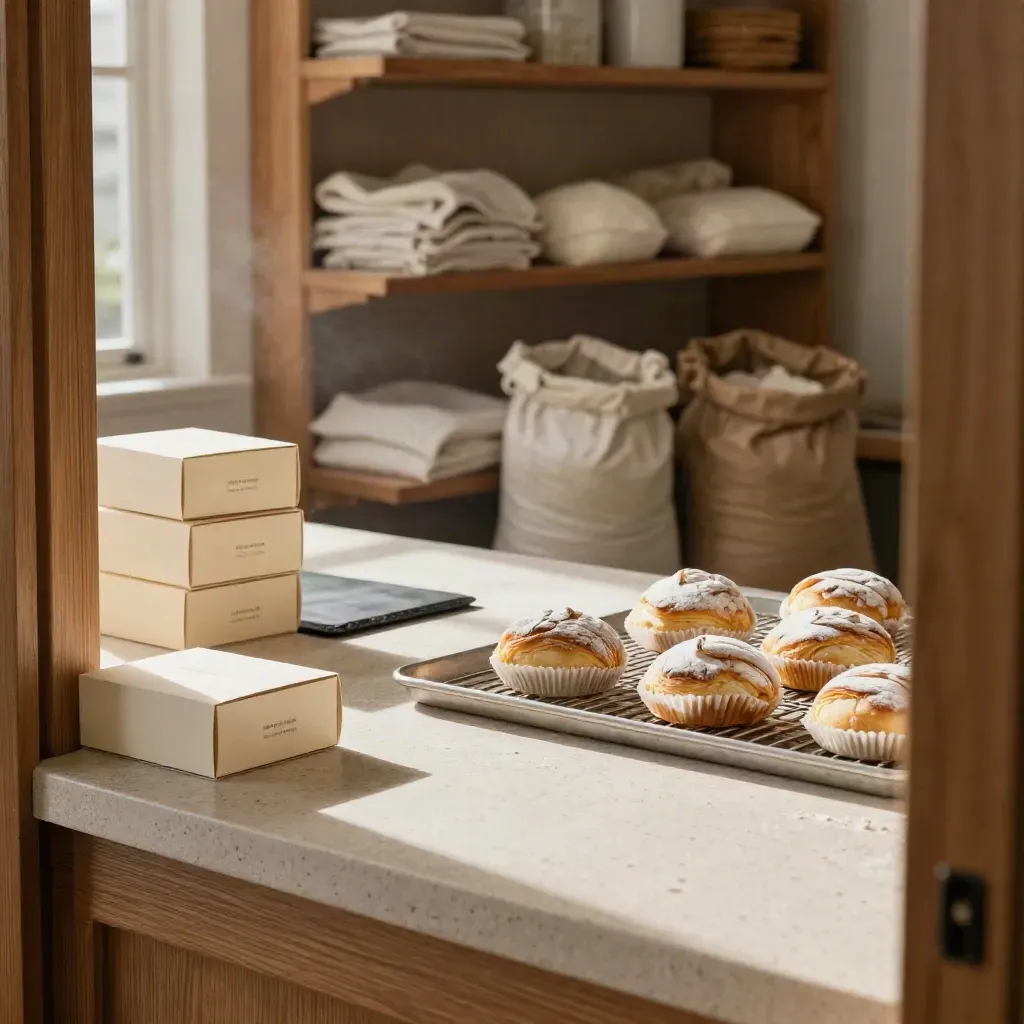 Bakery worktop with pastry boxes, closed tablet, and cooling tray in dawn light.