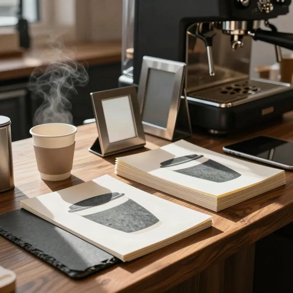 Café countertop kit with cup art proofs, display frames, proof stacks, and a closed tablet.