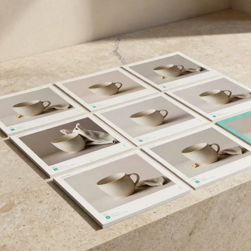 Overhead grid of social post mockups with a cup and folded linen on limestone.