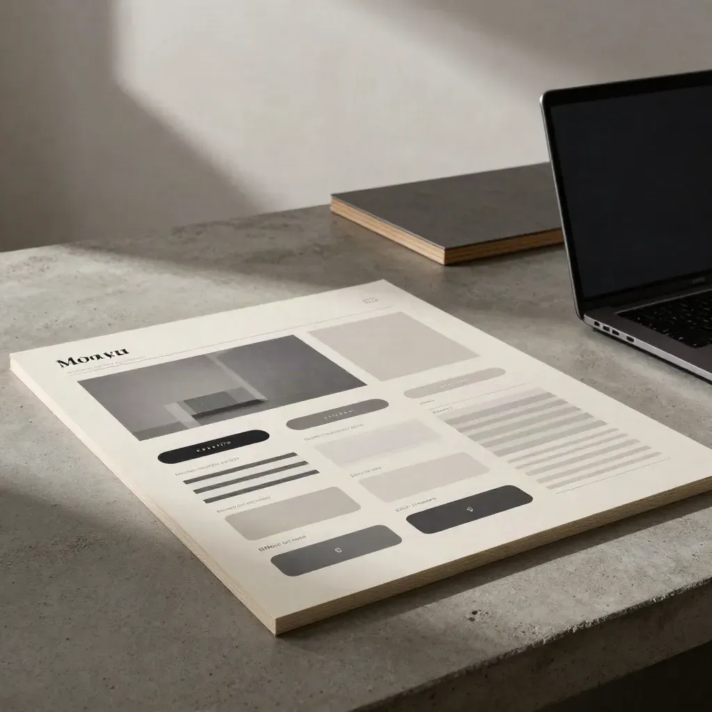 Low-angle studio scene of a web layout board, turned laptop, and paper modules in morning light.