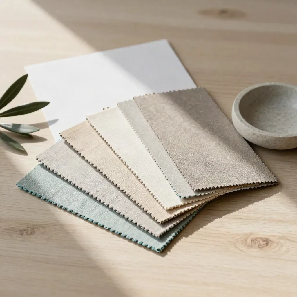 Overhead swatch fan with stone dish and olive sprig on pale wood.