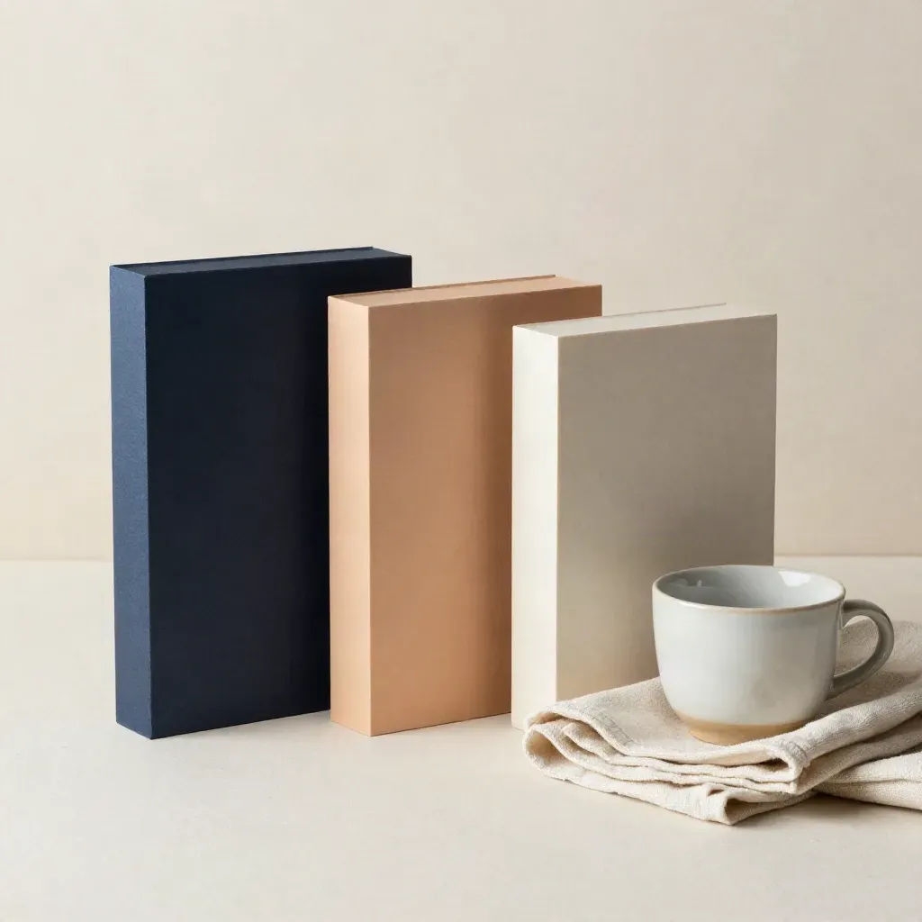 Matte paper blocks, ceramic cup, and folded cloth on a soft plaster surface