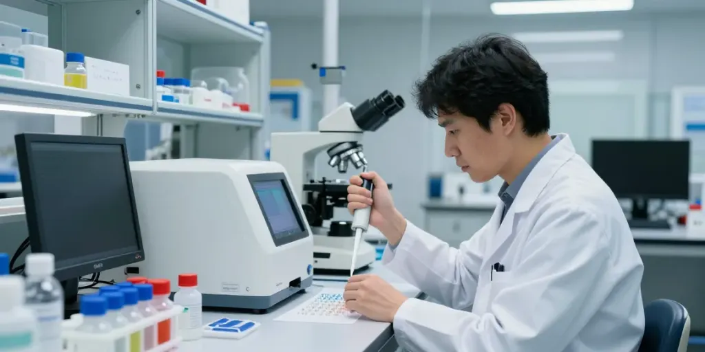 Scientist working with SwissChems peptides in a high-tech laboratory.