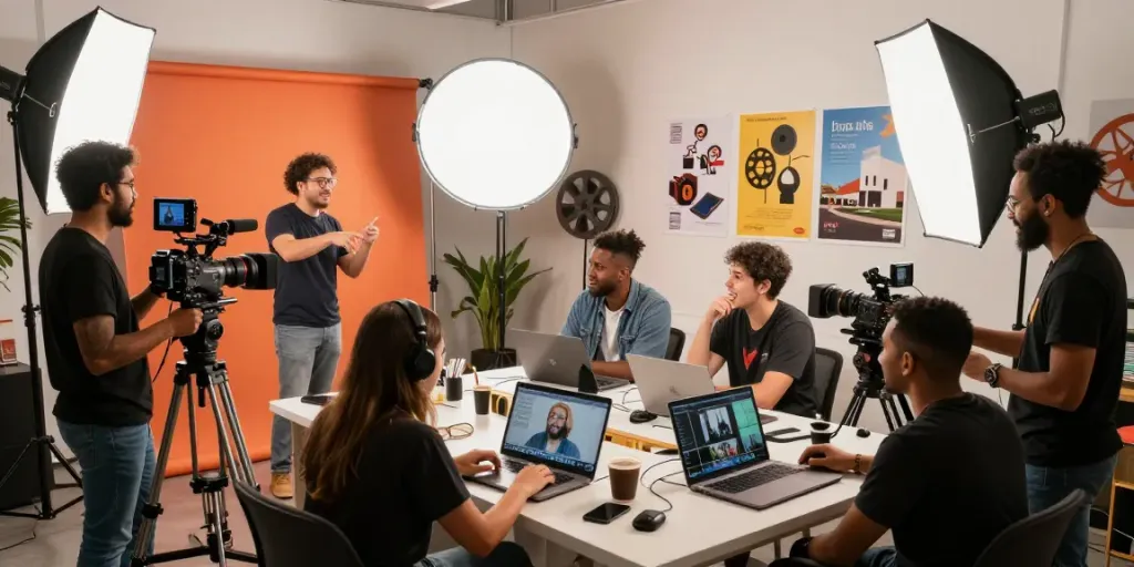 A vibrant studio scene showcasing a video production company Long Beach, California, with a diverse team of creatives collaborating on a marketing project.