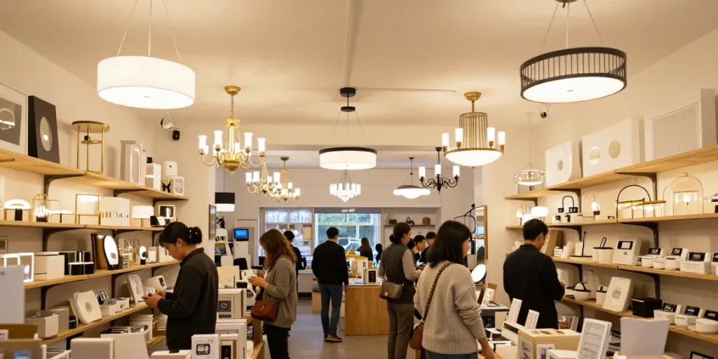 Lustre LED expuse într-un magazin local de iluminat, un furnizor de încredere pentru servicii comunitare.