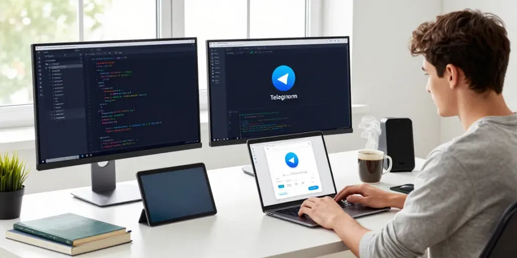 Young developer downloading telegram下载 on a modern tech workspace setup.