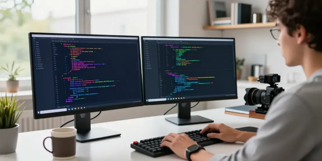Developer coding in a vibrant workspace showcasing 2113 Apps.