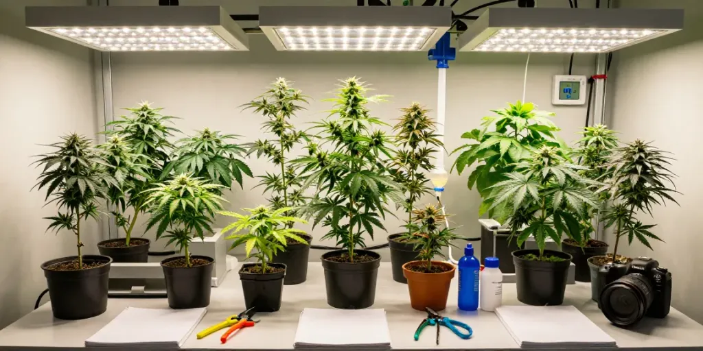 Cultivating cannabis seeds in a vibrant indoor grow room with various plants and tools.