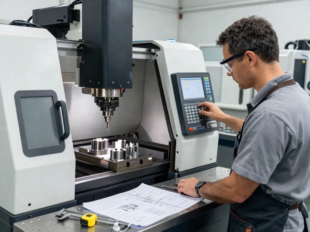 Expert machinist at a CNC machining parts manufacturer adjusting a milling machine in a high-tech workshop.