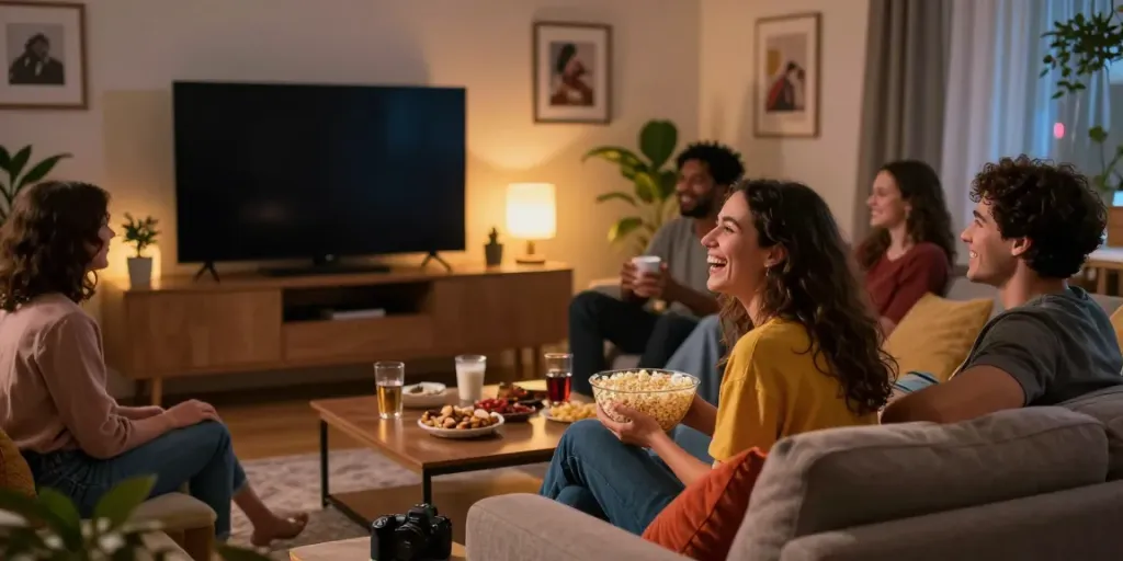 Friends enjoying a cozy movie night while streaming Netflix Gratis in a vibrant living room.