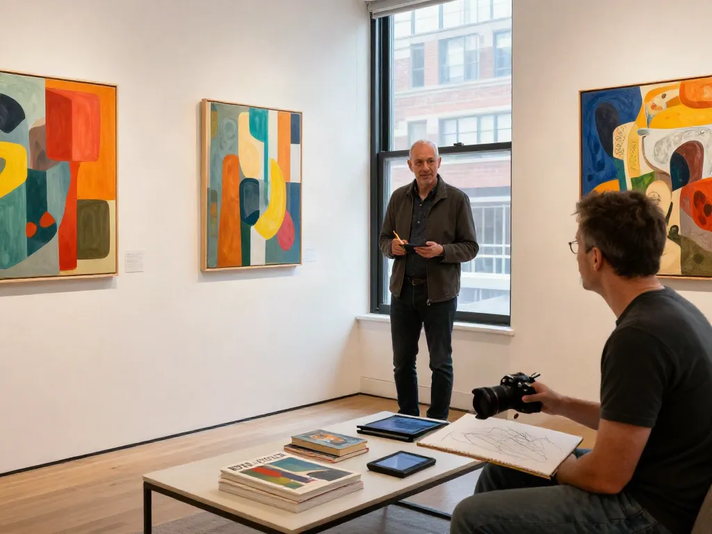 Bruce Bailey Toronto art collector engaging with artwork in contemporary gallery.