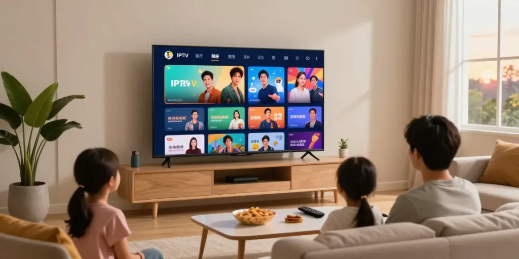 Family enjoying best IPTV service in a cozy living room with vibrant content.