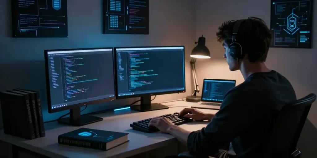 Cybersecurity expert in dark web workspace analyzing hidden wiki data