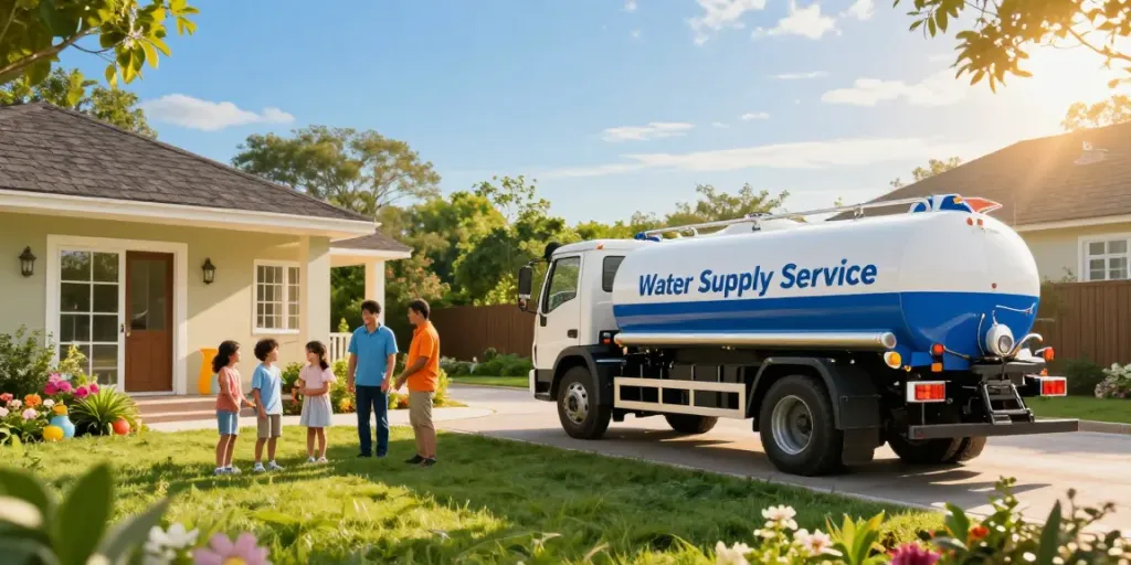 Happy family receiving وايت ماء الرياض delivery at home with a water tanker truck.