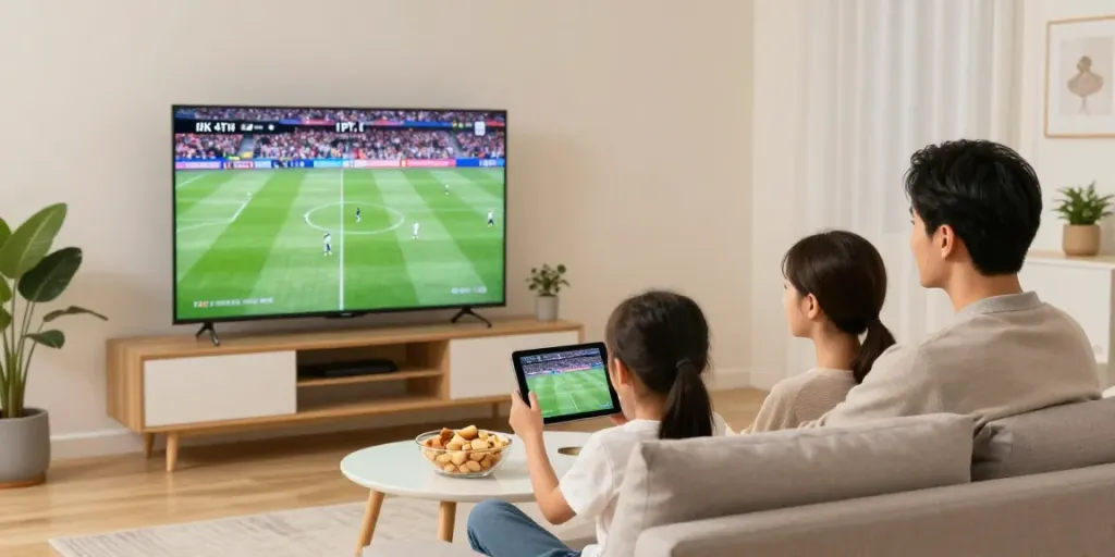 Family enjoying digitaline iptv streaming live sports together in a cozy living room.