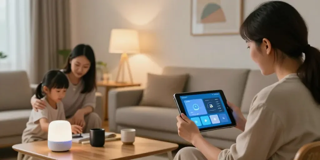 Family enjoying smart technology in a cozy home; خانه هوشمند جهان اسمارت features visible.
