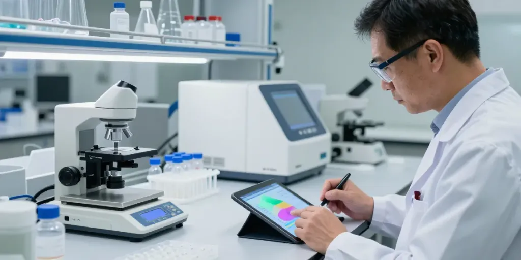 HEALTHYPEPTIDES researcher analyzing peptide samples for purity and precision in a modern lab setting.