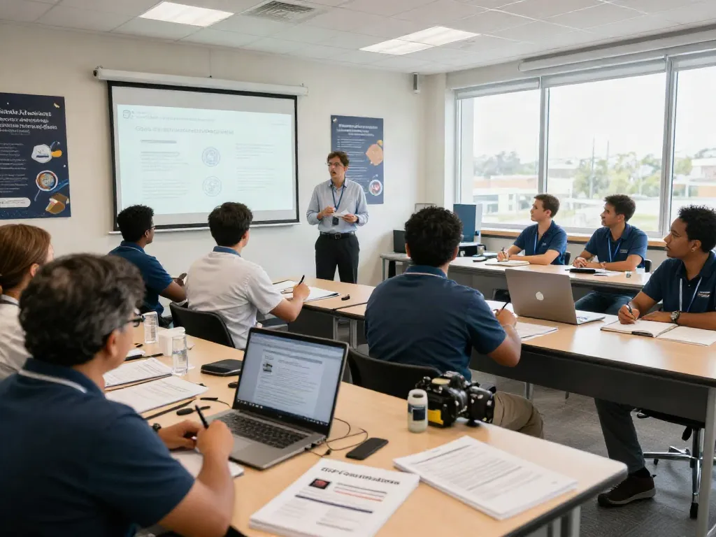CSP Certification training class with engaged professionals learning safety management in a bright classroom.