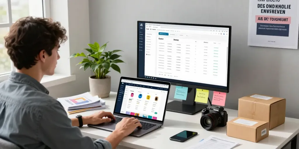 Professional workspace displaying an Amazon seller optimizing a listing ptimization service with product analytics and motivational elements.