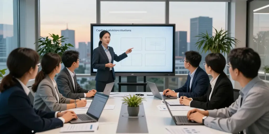 Team of financial consultants in a modern office discussing business financial consulting strategies during a meeting.