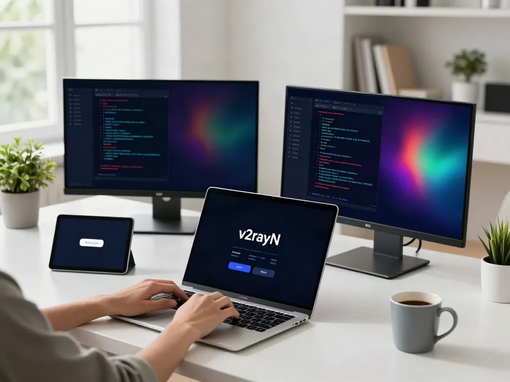 Using v2rayN on a laptop in a modern tech workspace
