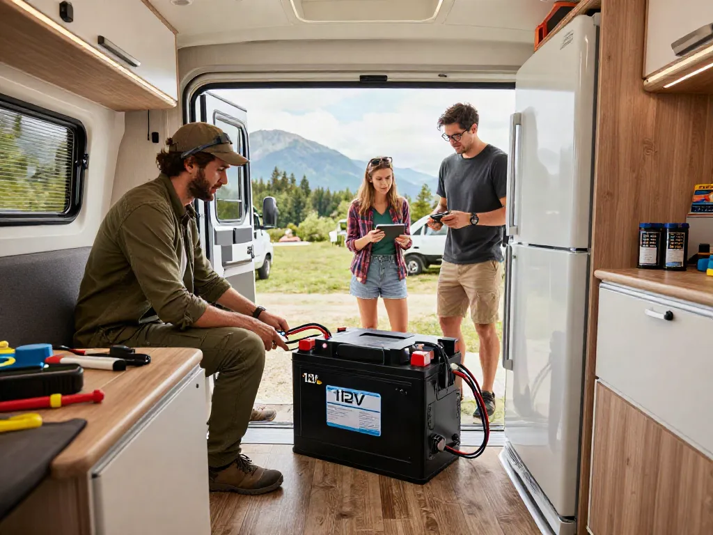 Installation of 12V Lithium Batteries in an RV, showcasing outdoor enthusiasts connecting appliances.
