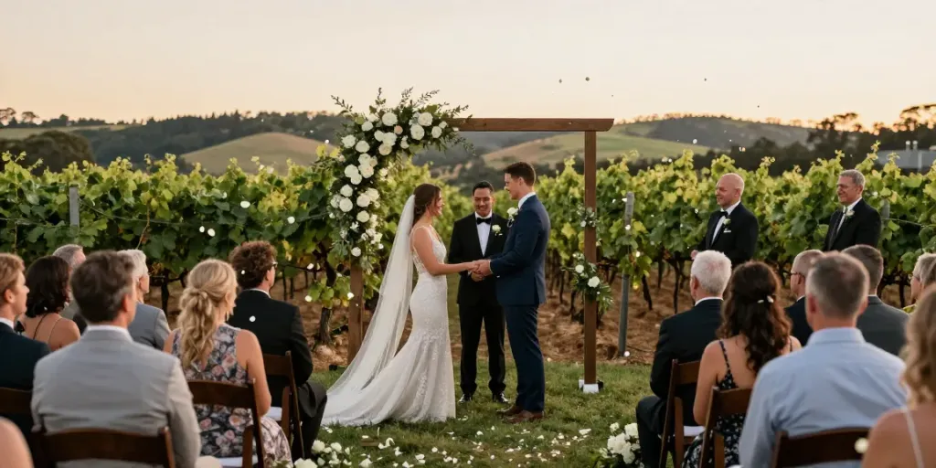 Hunter Valley wedding photography capturing a couple exchanging vows in a vineyard during golden hour, surrounded by guests and natural beauty.