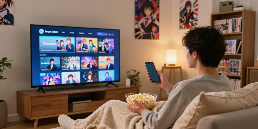 Profils d'utilisateurs sur https://senpaistreamsapks.com/ regardant des films et des séries dans un salon confortable.