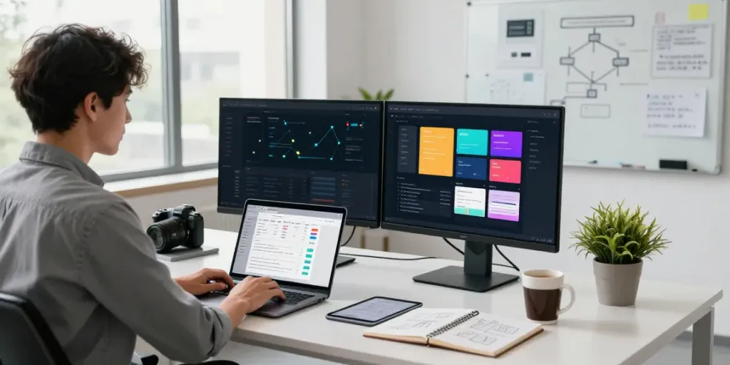 A modern office scene illustrating website development, featuring a developer coding at a desk with dual monitors, showcasing UI designs, project management tools, and collaborative workspace elements.